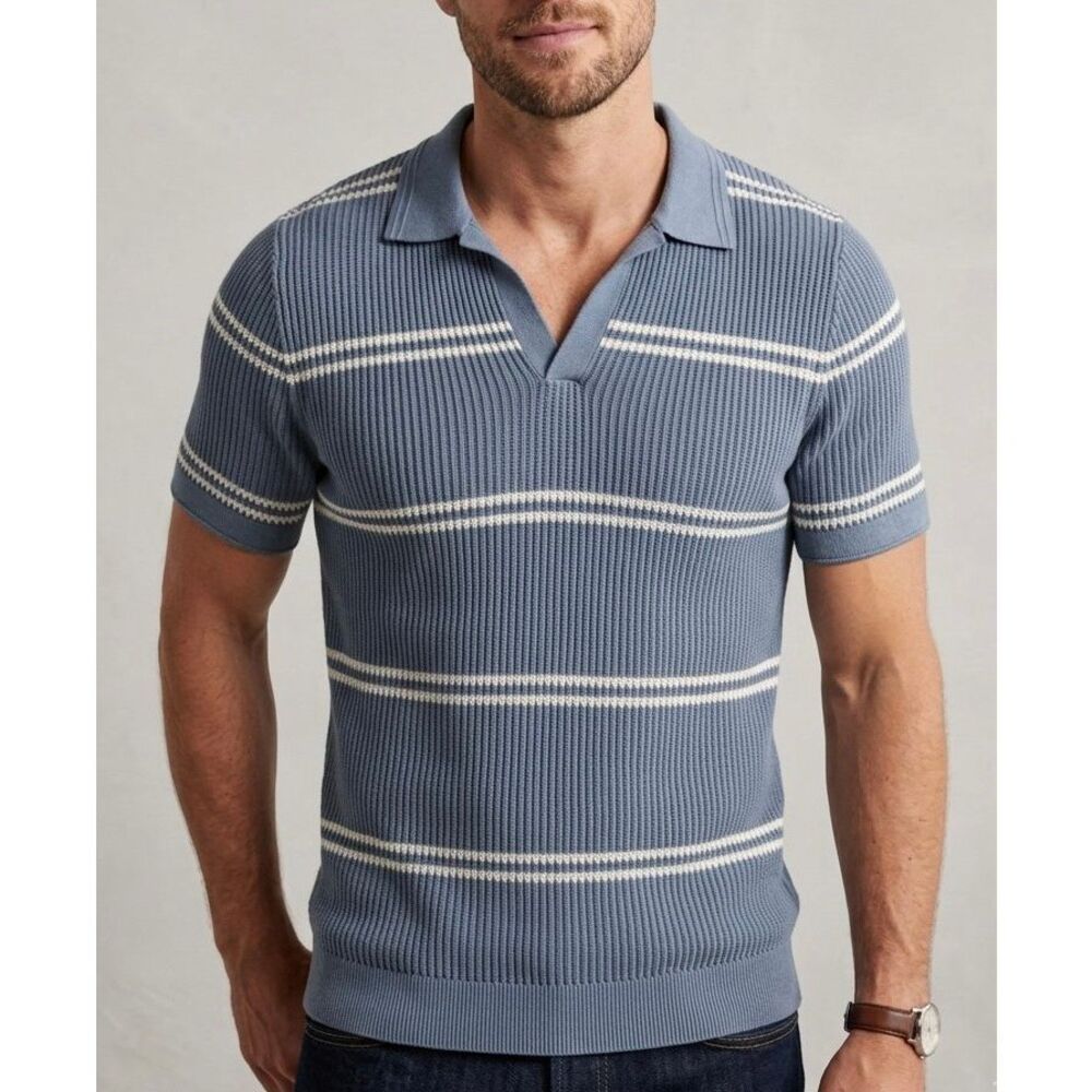 Abercrombie & Fitch Knit Polo Breezy Open‎ Collar NEW Stripe Blue Small